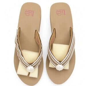 •  Y2K Switchflops Tan Striped Pearl Wedges Sz 9
